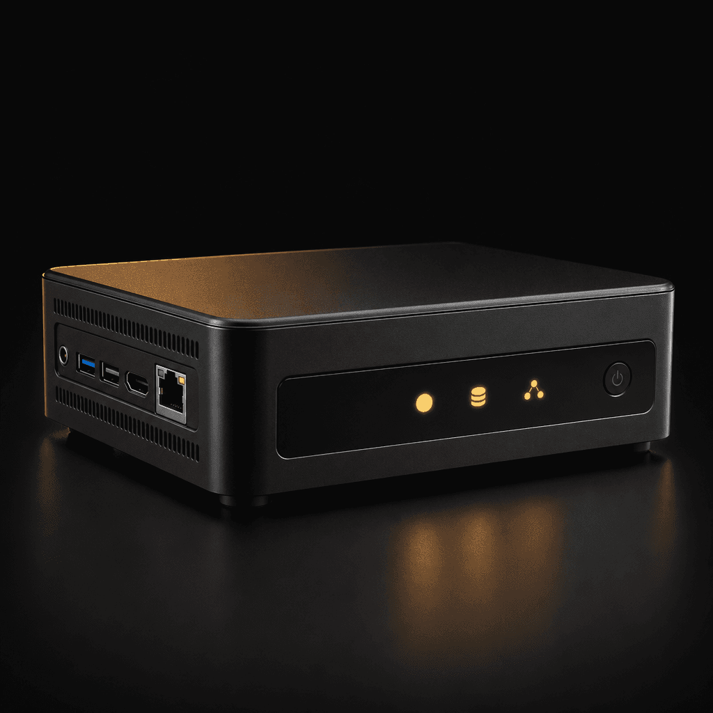 Compact black mini server with status lights and Ethernet port on a dark studio background