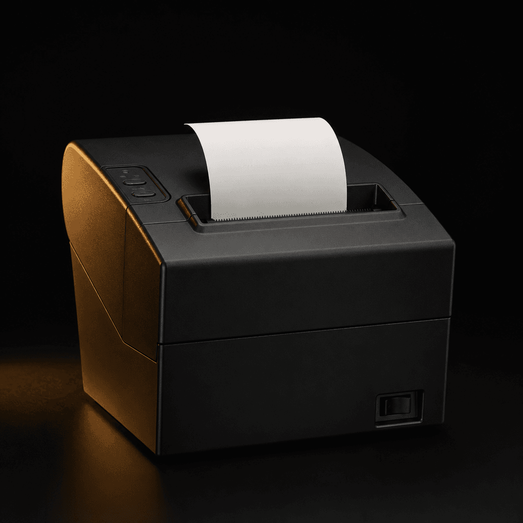 Black counter receipt printer on a dark studio background