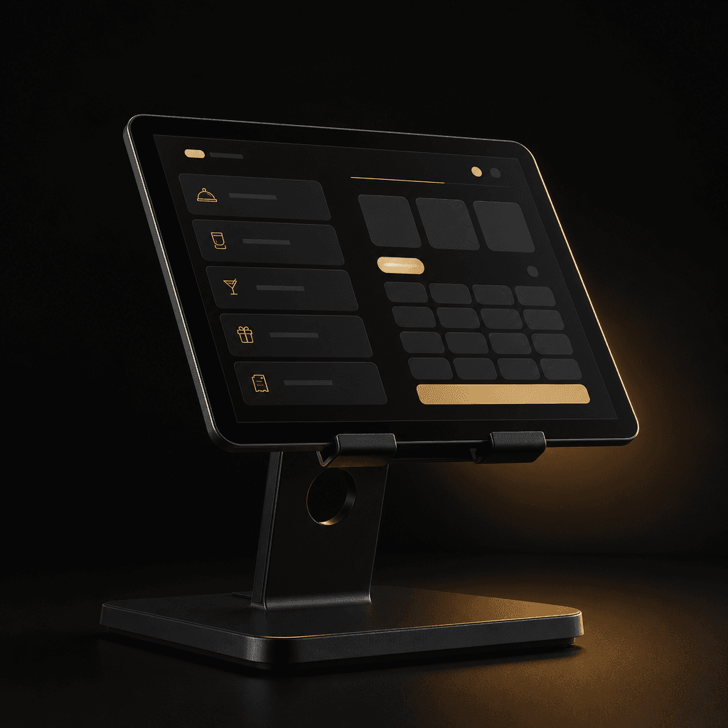 Tablet mounted on a POS stand on a dark studio background