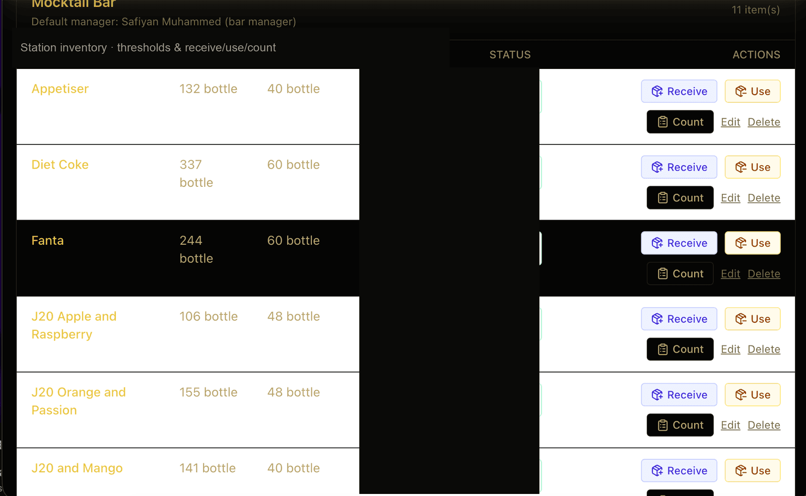 Hostora inventory with quantities, thresholds, and stock actions