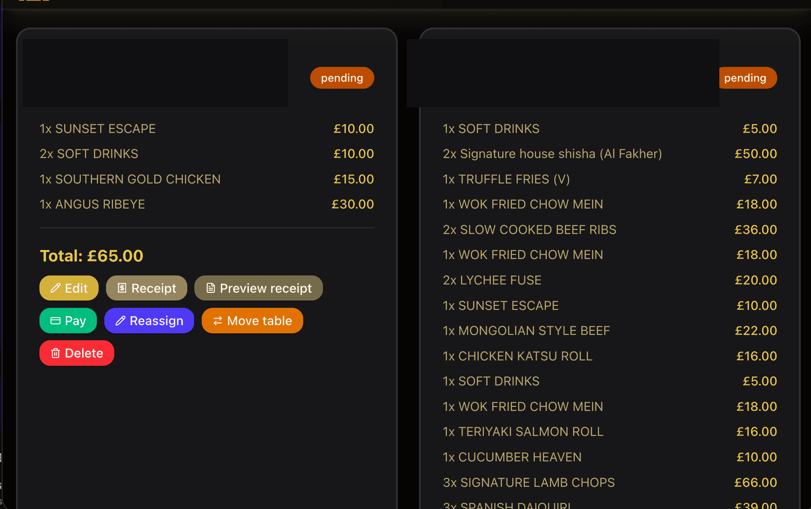 Hostora till with open table orders and pay actions